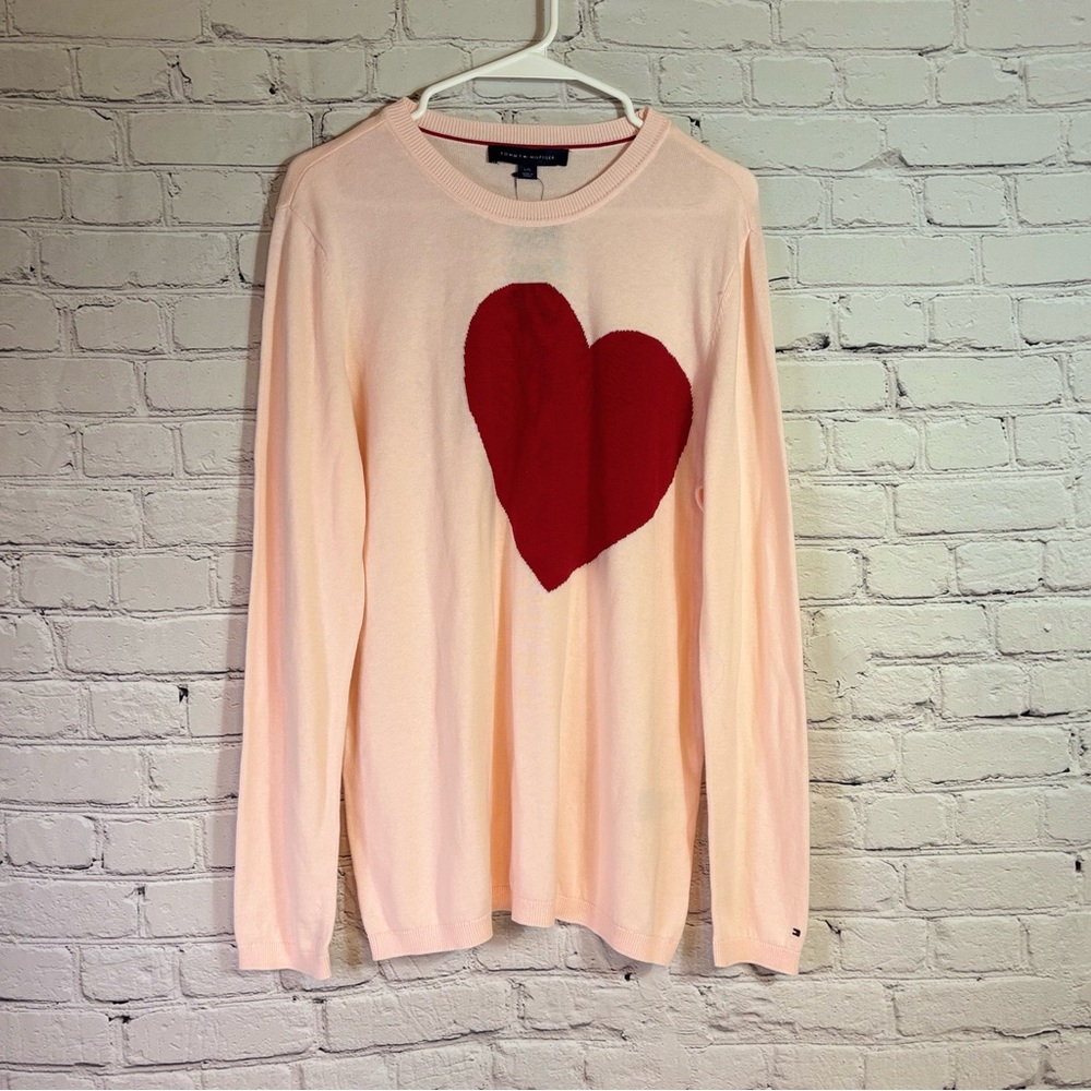Tommy Hilfiger Pink Sweater with Big Red Heart Size Large